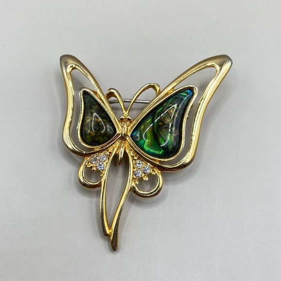 Gold and Green Butterfly Brooch with Crystal Accents - Picture 1 of 3